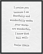Psalm 139:14 Bible Verse - Wooden Framed  Print - Christian Wall Decor