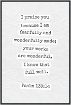 Psalm 139:14 Bible Verse - Wooden Framed  Print - Christian Wall Decor